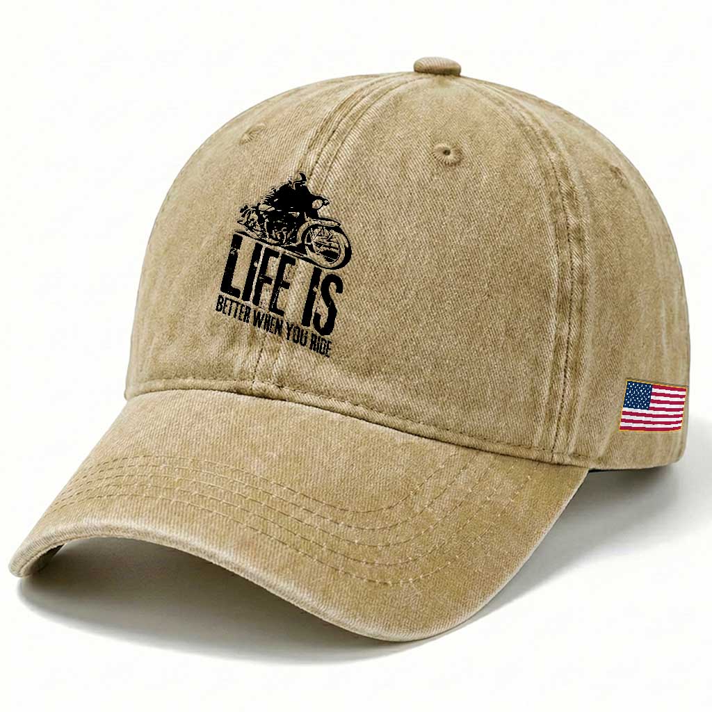 Funny Motorcycle Biker Washed Cotton Baseball Cap Life Is Better When You Ride