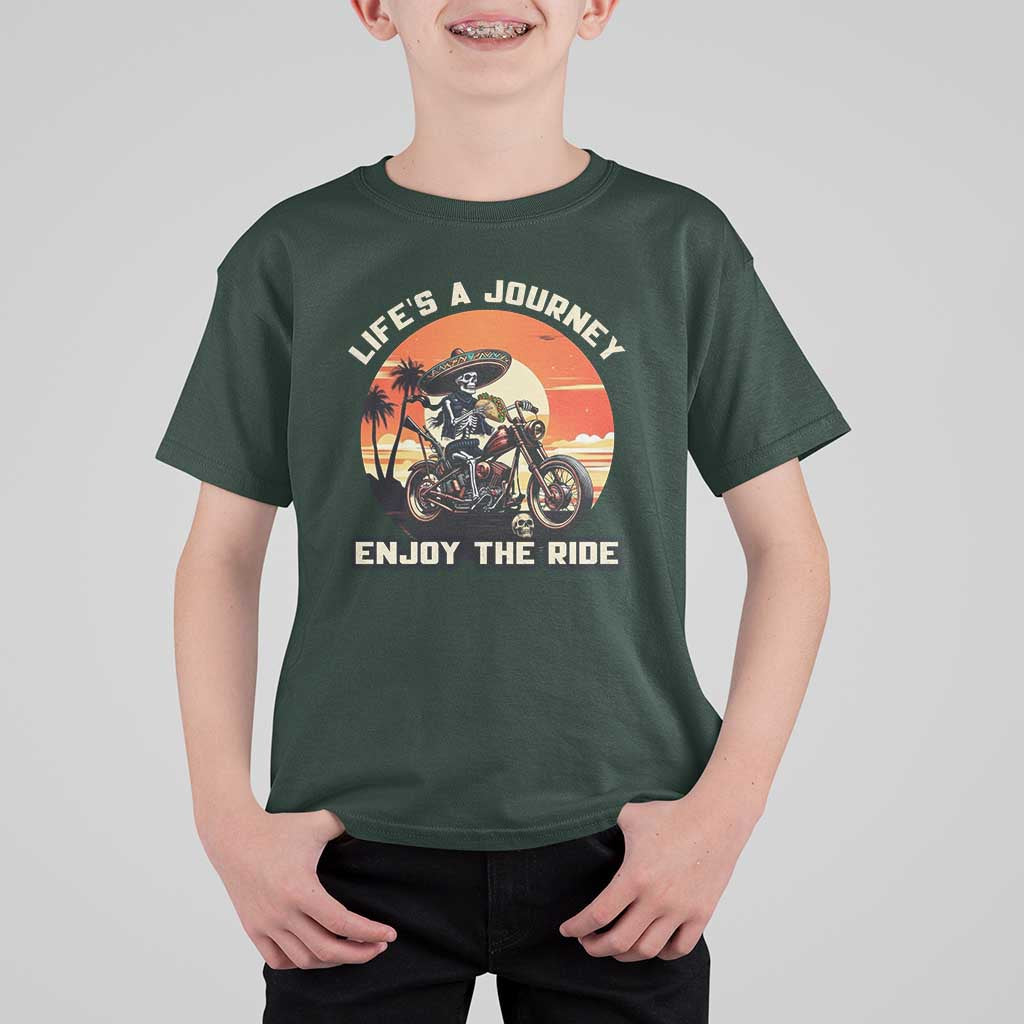 Funny Skeleton Mexican Motorcycle Biker T Shirt For Kid Life Is A Journey Enjoy the Ride - Wonder Print Shop