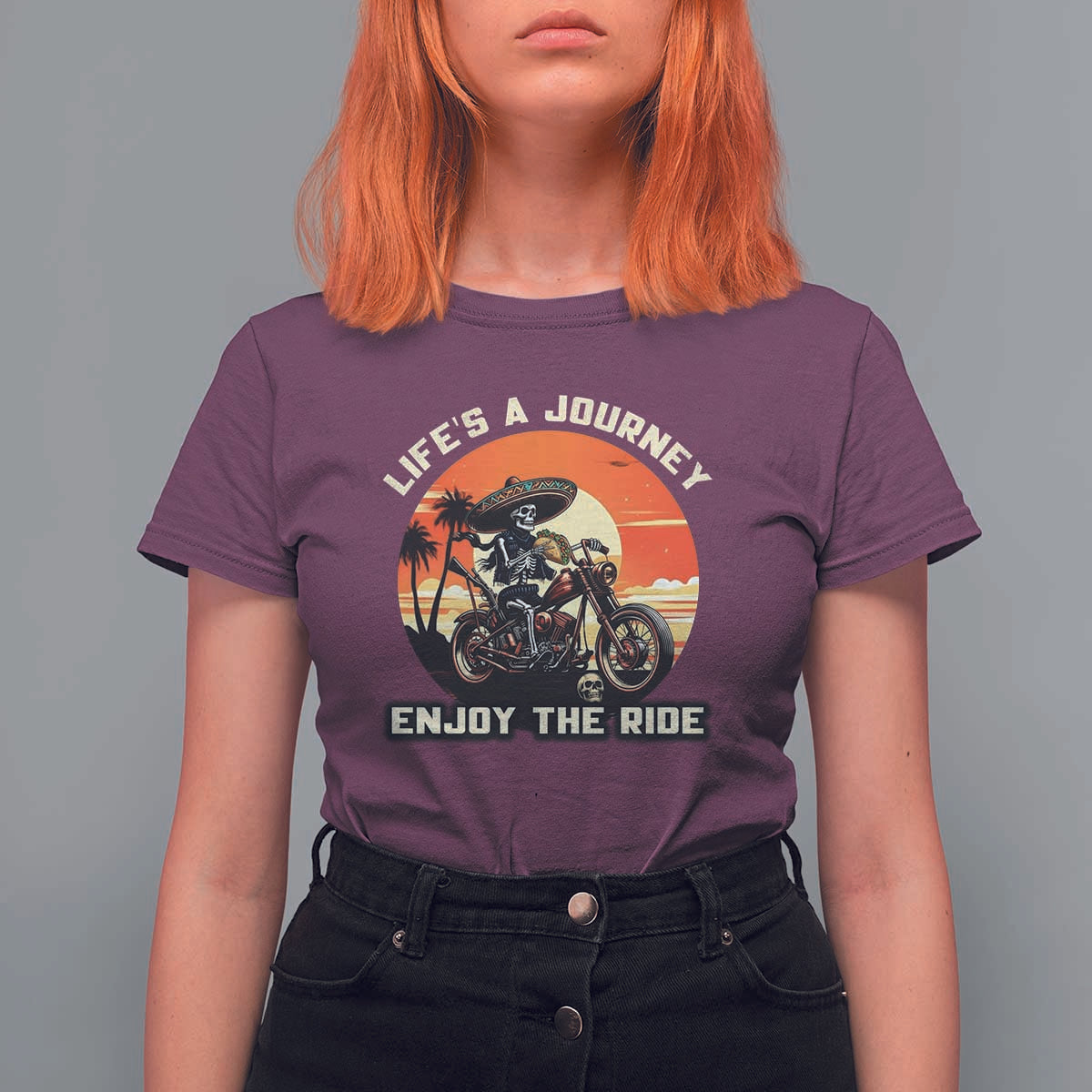 Funny Skeleton Mexican Motorcycle Biker T Shirt For Women Life Is A Journey Enjoy the Ride - Wonder Print Shop