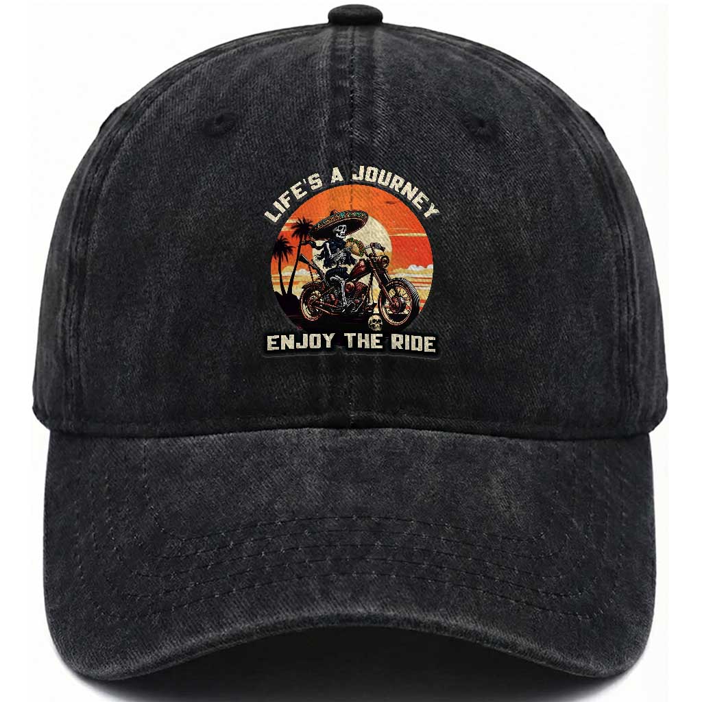 Funny Skeleton Mexican Motorcycle Biker Washed Cotton Baseball Cap Life Is A Journey Enjoy the Ride