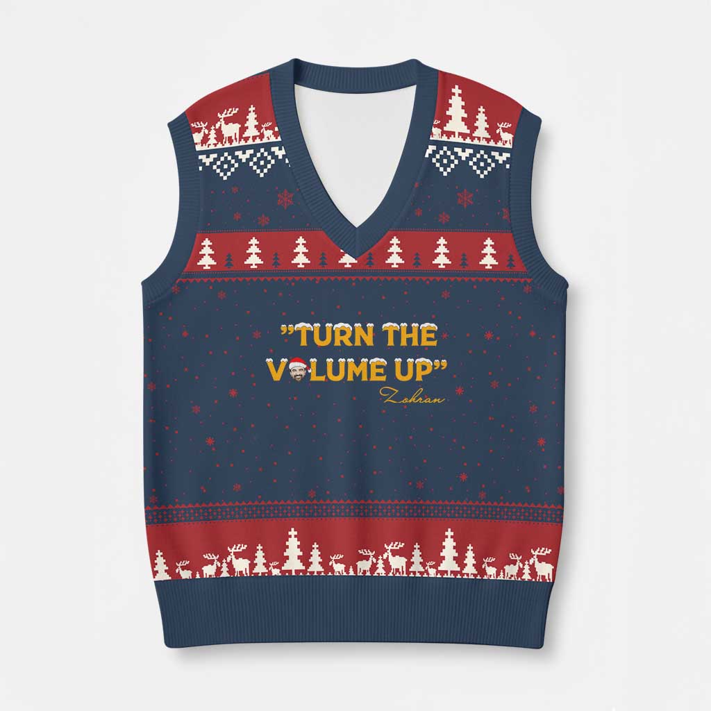 Turn The Volume Up V-Neck Knit Sweater Vest Zohran Mamdani Xmas - Wonder Print Shop
