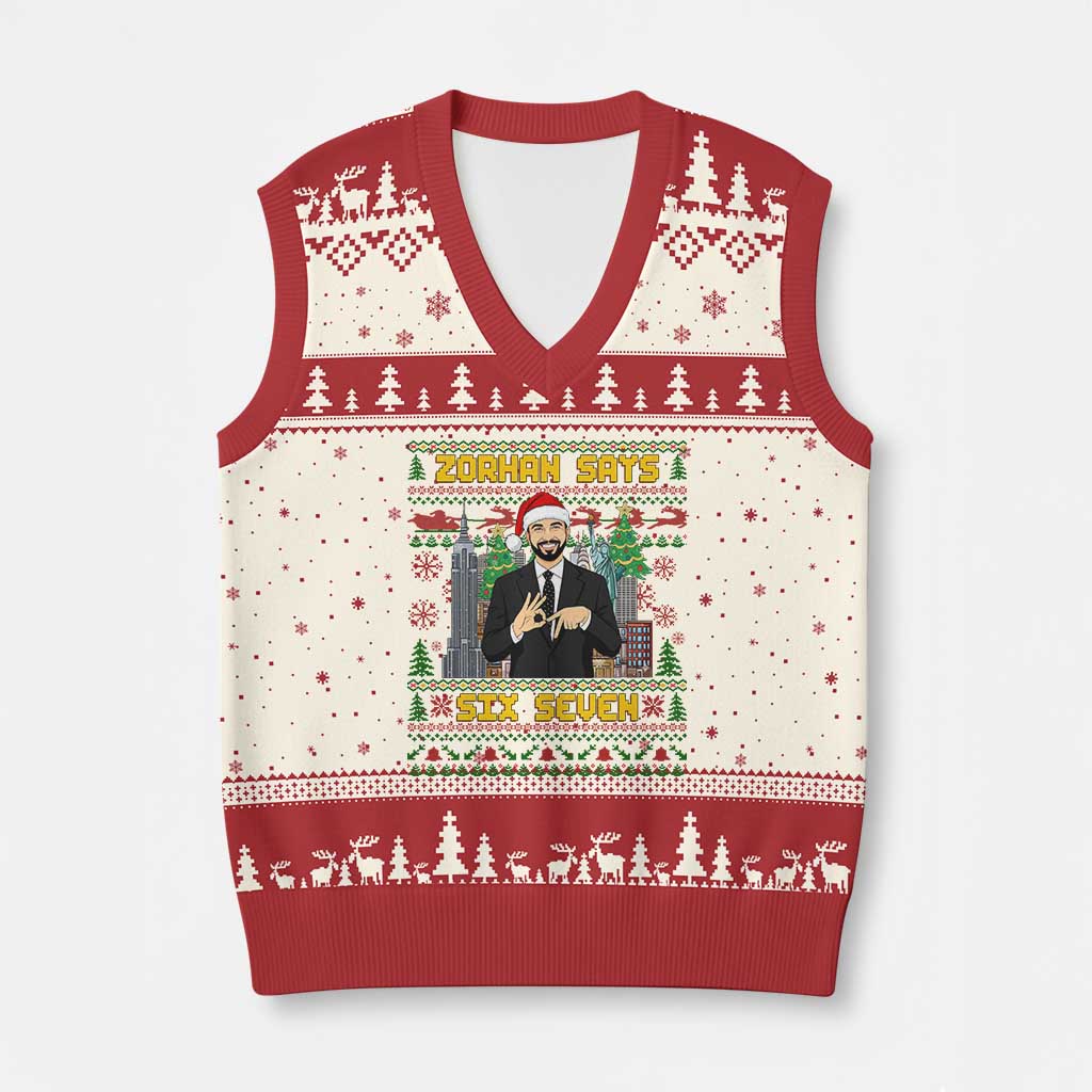 67 Six Seven Zohran Mamdani Xmas V-Neck Knit Sweater Vest Progressive Democrats - Wonder Print Shop