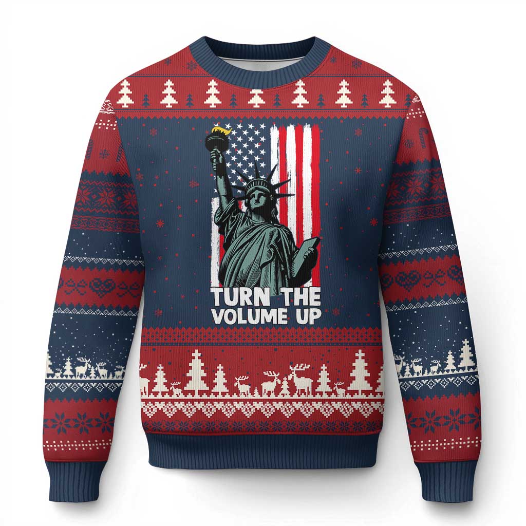 Turn The Volume Up Ugly Christmas Sweater Statue of Liberty Patriotic American Flag - Wonder Print Shop