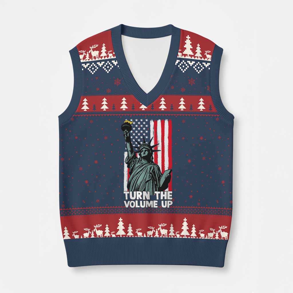 Turn The Volume Up V-Neck Knit Sweater Vest Statue of Liberty Patriotic American Flag - Wonder Print Shop