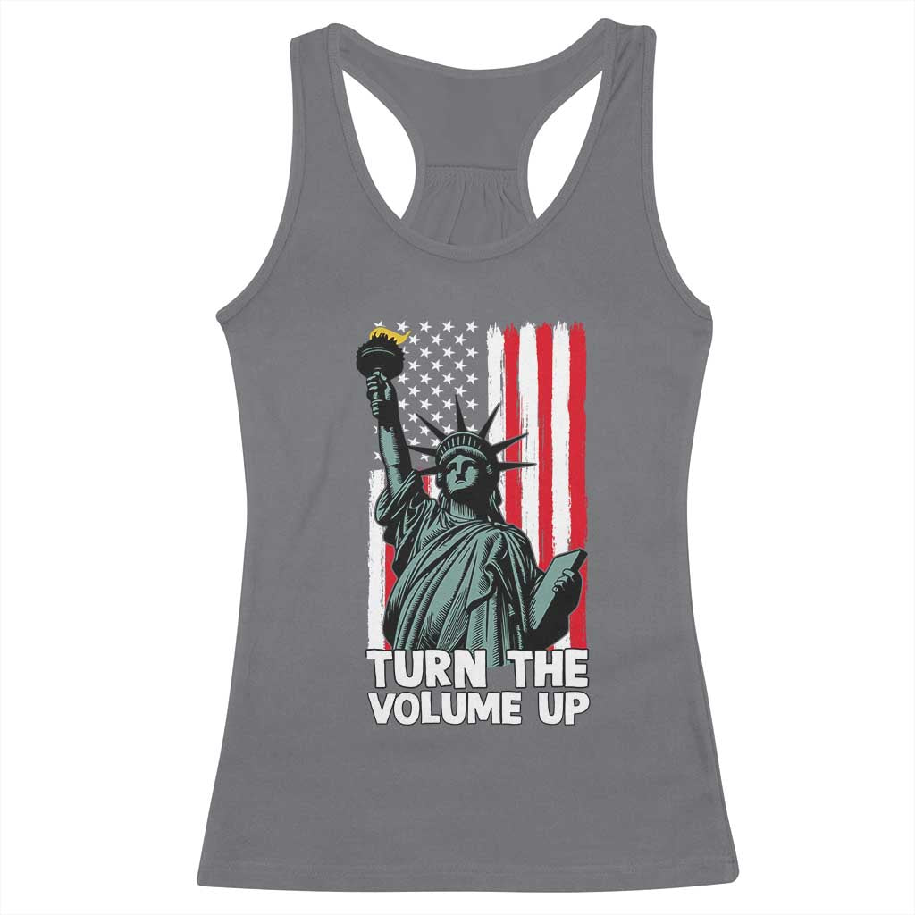 Turn The Volume Up Racerback Tank Top Statue of Liberty Patriotic American Flag - Wonder Print Shop