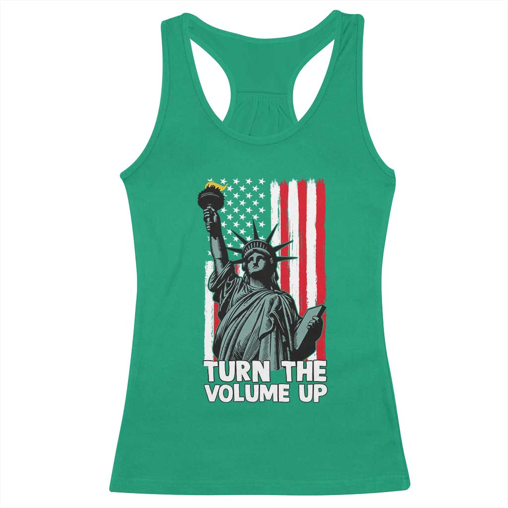 Turn The Volume Up Racerback Tank Top Statue of Liberty Patriotic American Flag - Wonder Print Shop