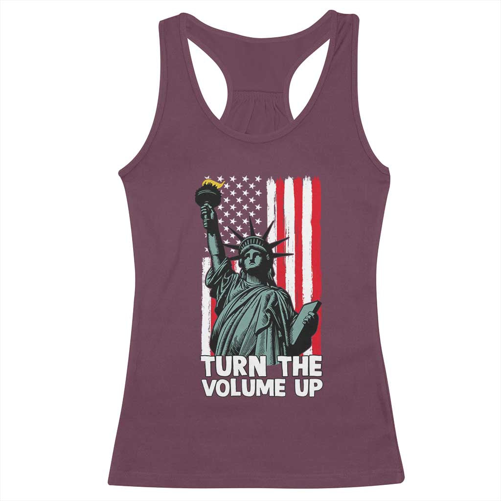 Turn The Volume Up Racerback Tank Top Statue of Liberty Patriotic American Flag - Wonder Print Shop