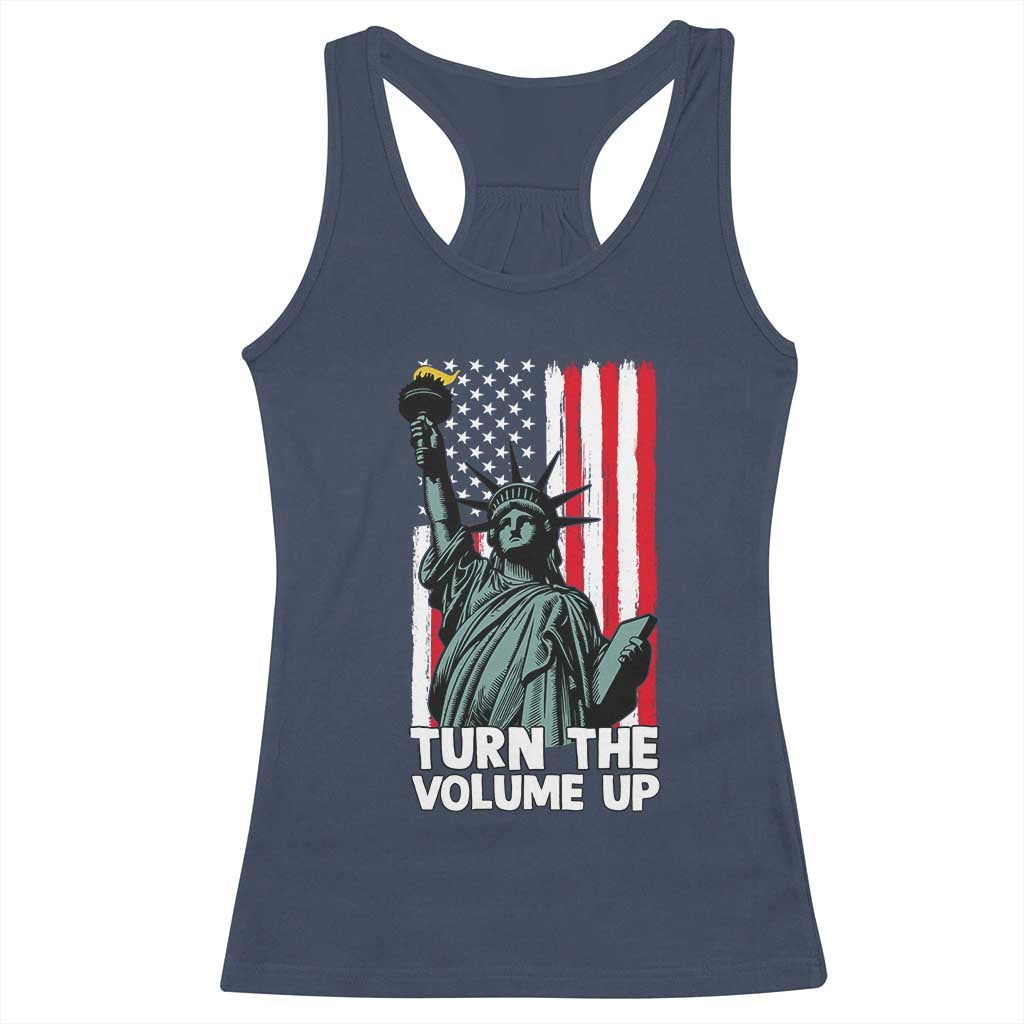 Turn The Volume Up Racerback Tank Top Statue of Liberty Patriotic American Flag - Wonder Print Shop