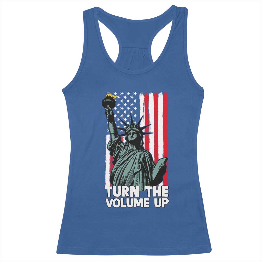 Turn The Volume Up Racerback Tank Top Statue of Liberty Patriotic American Flag - Wonder Print Shop