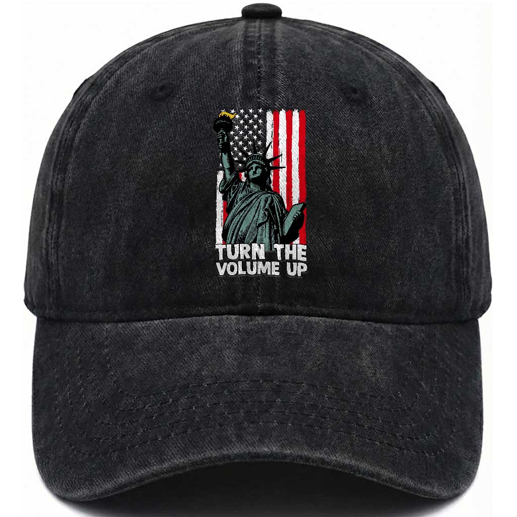 Turn The Volume Up Washed Cotton Baseball Cap Statue of Liberty Patriotic American Flag