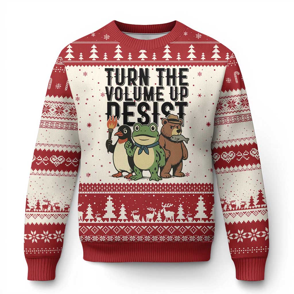 Turn The Volume Up Resist Ugly Christmas Sweater Portland Frog Bear Penguin Protester - Wonder Print Shop