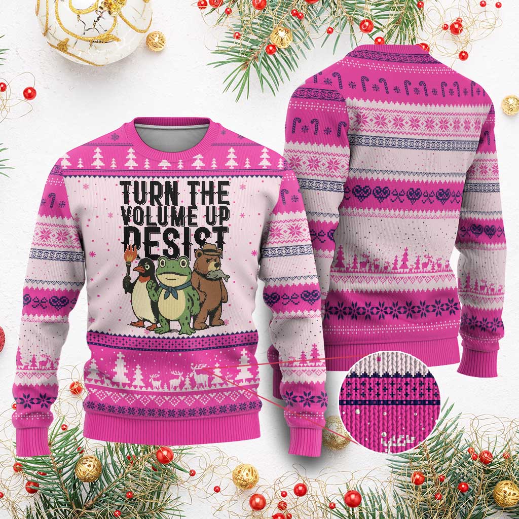 Turn The Volume Up Resist Ugly Christmas Sweater Portland Frog Bear Penguin Protester - Wonder Print Shop