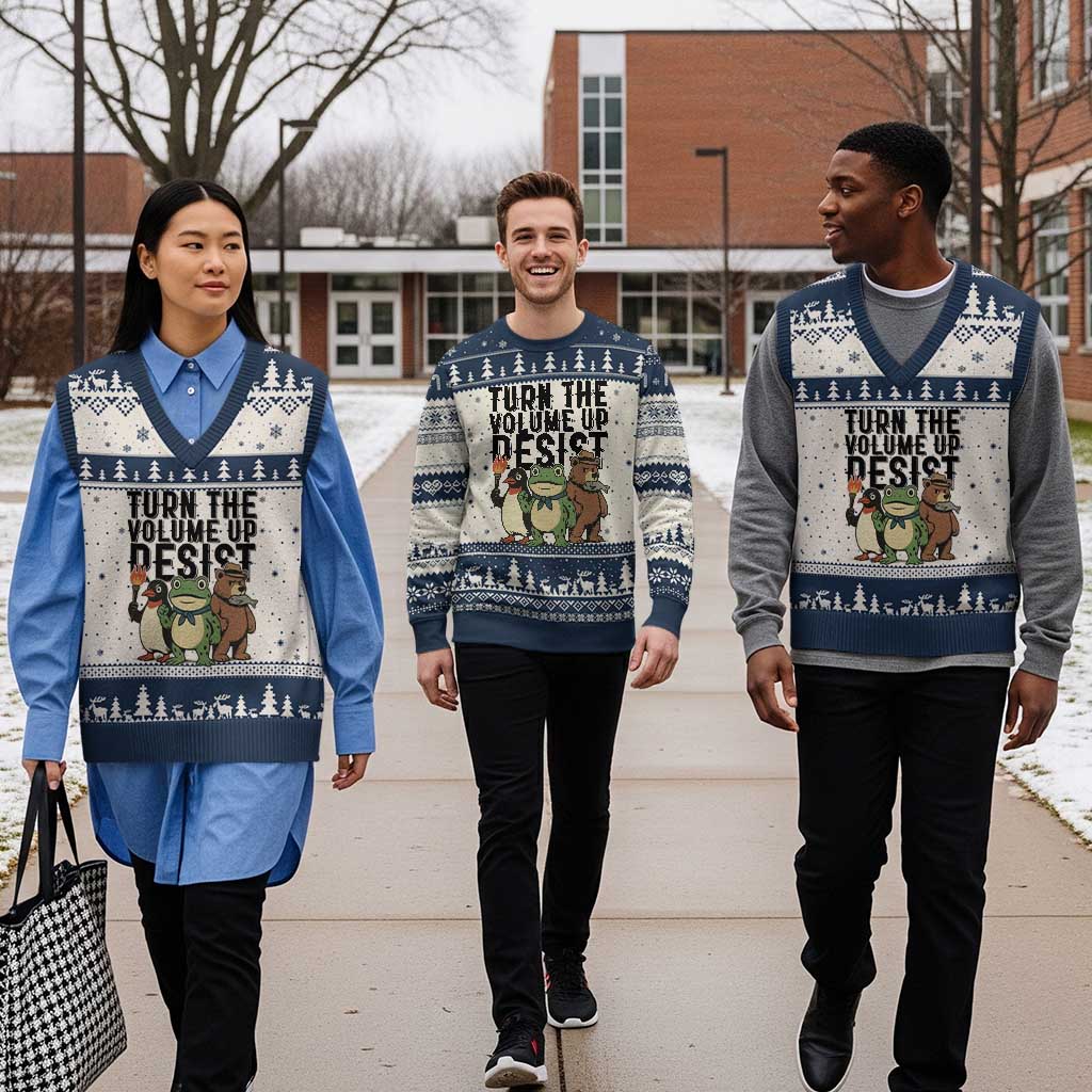 Turn The Volume Up Resist V-Neck Knit Sweater Vest Portland Frog Bear Penguin Protester - Wonder Print Shop