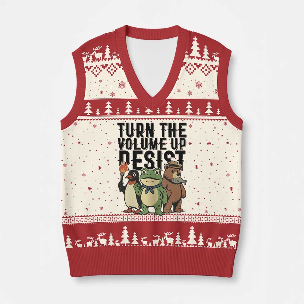 Turn The Volume Up Resist V-Neck Knit Sweater Vest Portland Frog Bear Penguin Protester - Wonder Print Shop