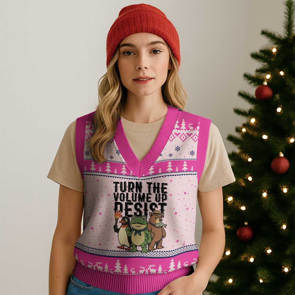Turn The Volume Up Resist V-Neck Knit Sweater Vest Portland Frog Bear Penguin Protester - Wonder Print Shop