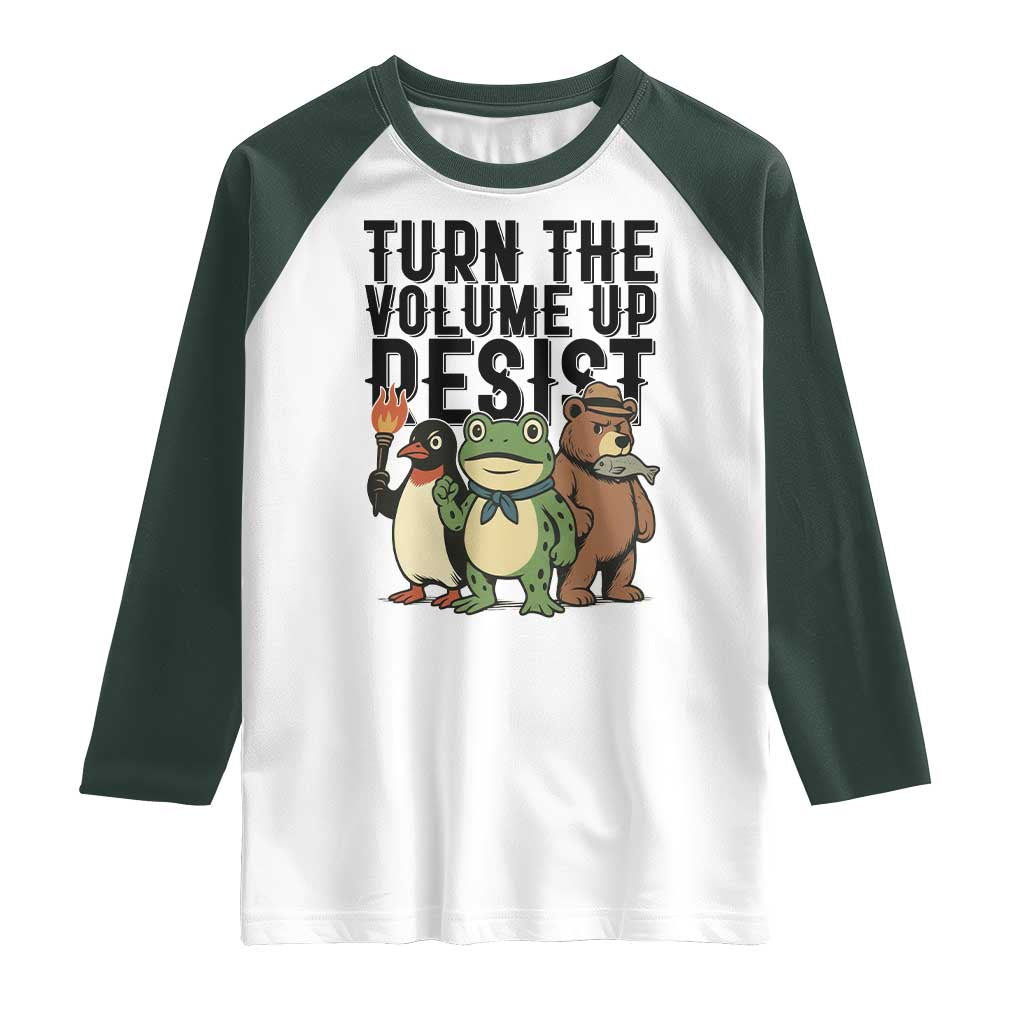 Turn The Volume Up Resist Raglan Shirt Portland Frog Bear Penguin Protester - Wonder Print Shop