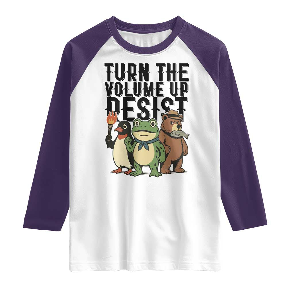 Turn The Volume Up Resist Raglan Shirt Portland Frog Bear Penguin Protester - Wonder Print Shop