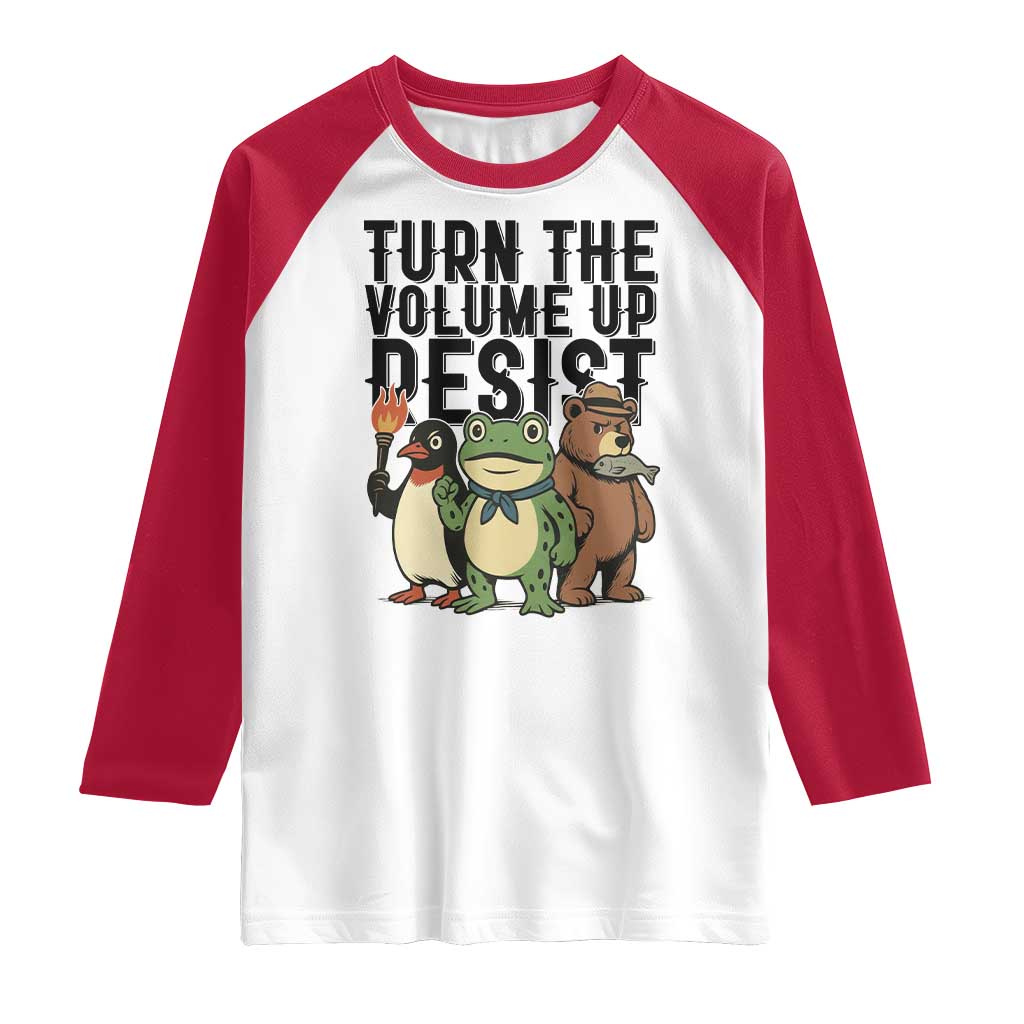 Turn The Volume Up Resist Raglan Shirt Portland Frog Bear Penguin Protester - Wonder Print Shop