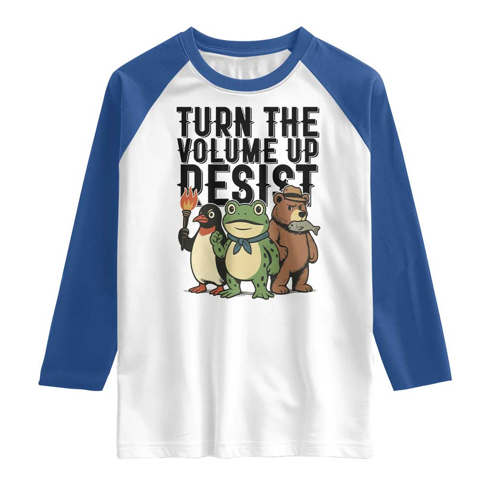 Turn The Volume Up Resist Raglan Shirt Portland Frog Bear Penguin Protester - Wonder Print Shop