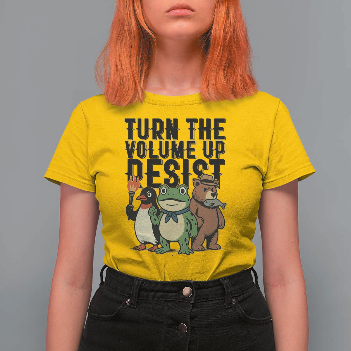 Turn The Volume Up Resist T Shirt For Women Portland Frog Bear Penguin Protester - Wonder Print Shop