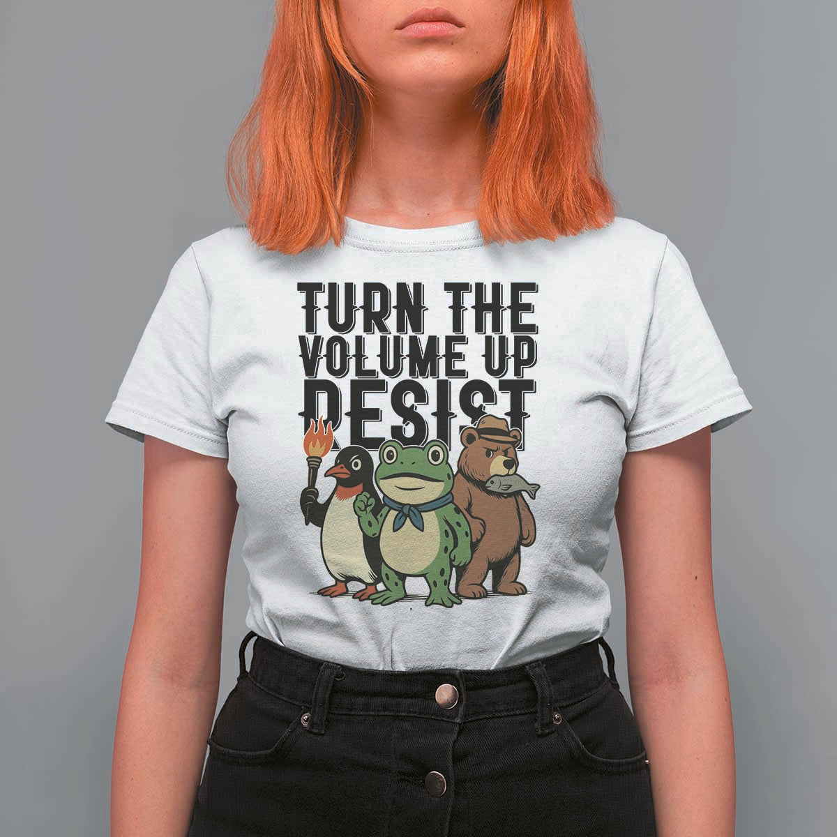 Turn The Volume Up Resist T Shirt For Women Portland Frog Bear Penguin Protester - Wonder Print Shop