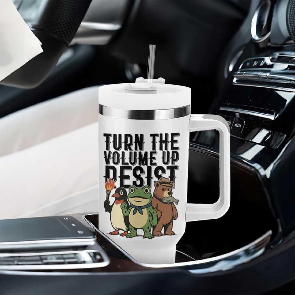 Turn The Volume Up Resist Tumbler With Handle Portland Frog Bear Penguin Protester - Wonder Print Shop