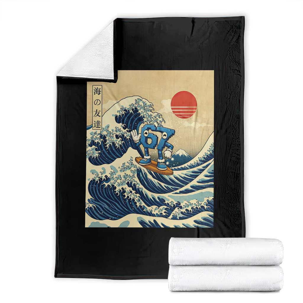 Funny Six Seven Surfing Throw Blanket The Great Wave Kanagawa Japanese 67 Brainrot Meme