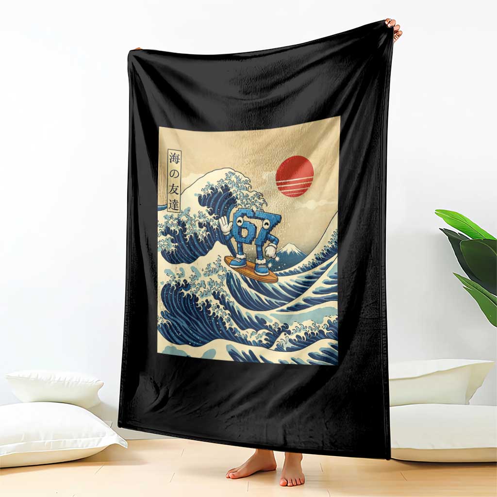 Funny Six Seven Surfing Throw Blanket The Great Wave Kanagawa Japanese 67 Brainrot Meme