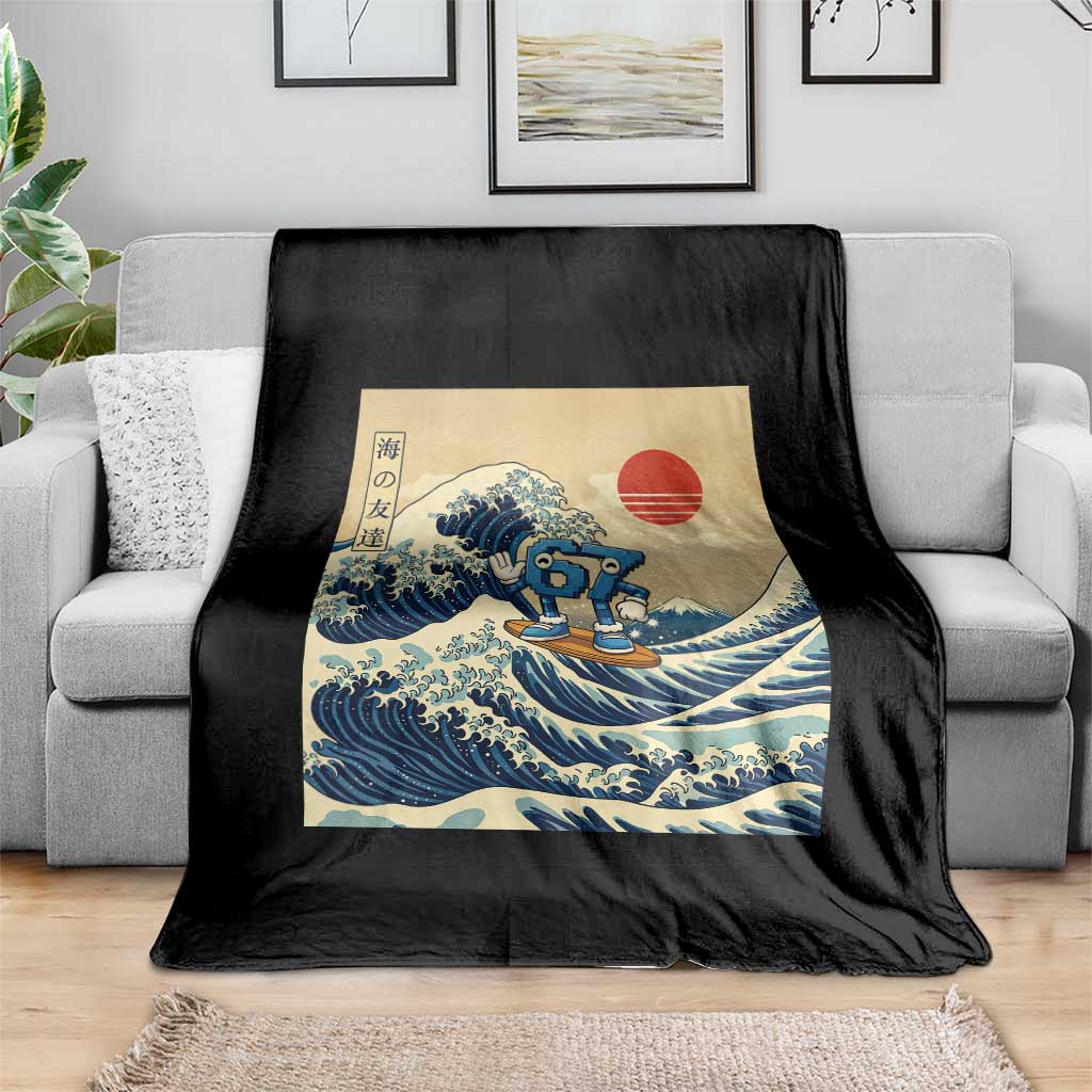 Funny Six Seven Surfing Throw Blanket The Great Wave Kanagawa Japanese 67 Brainrot Meme