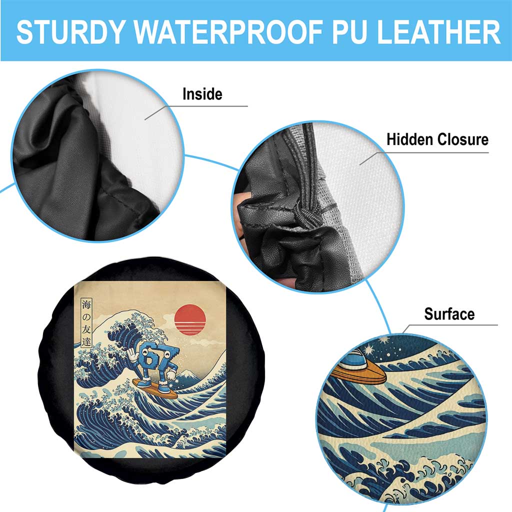 Funny Six Seven Surfing Spare Tire Cover The Great Wave Kanagawa Japanese 67 Brainrot Meme