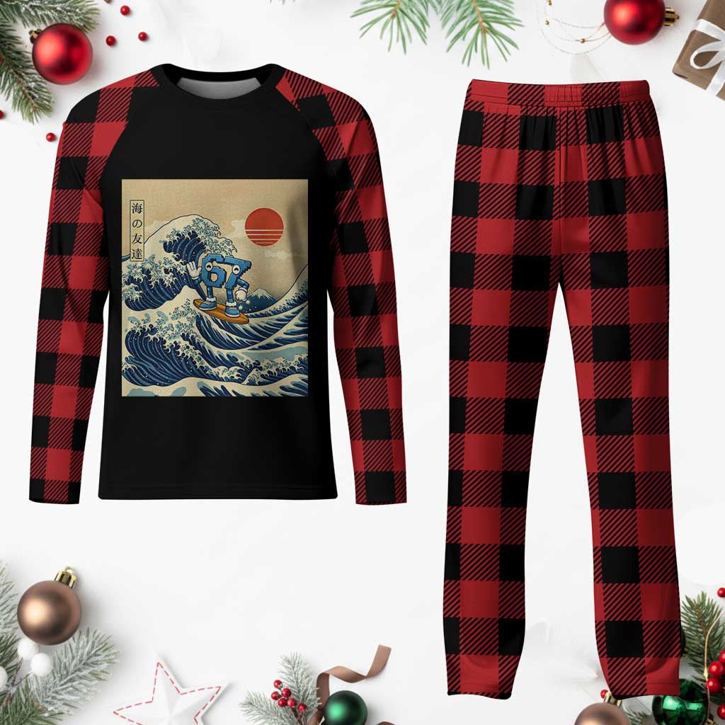 Funny Six Seven Surfing Plaid Pajama Set The Great Wave Kanagawa Japanese 67 Brainrot Meme