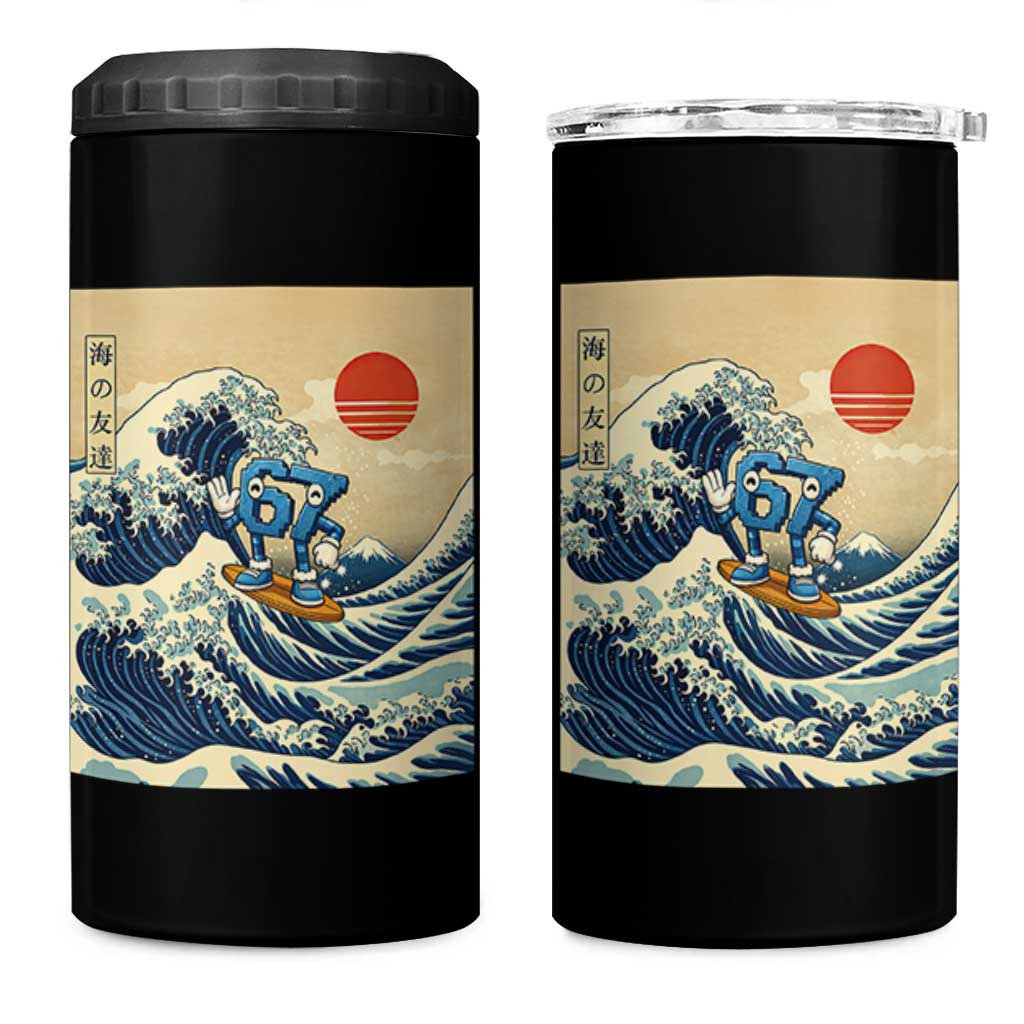 Funny Six Seven Surfing 4 in 1 Can Cooler Tumbler The Great Wave Kanagawa Japanese 67 Brainrot Meme