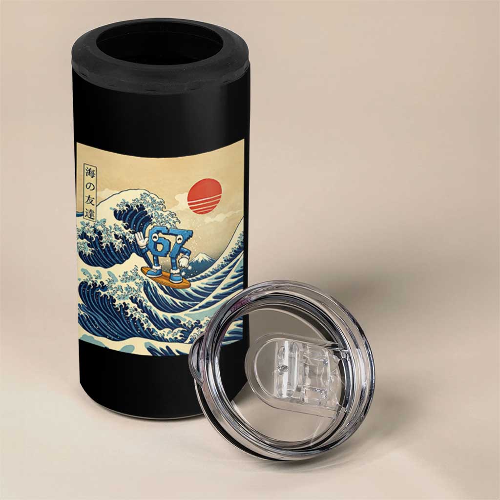 Funny Six Seven Surfing 4 in 1 Can Cooler Tumbler The Great Wave Kanagawa Japanese 67 Brainrot Meme