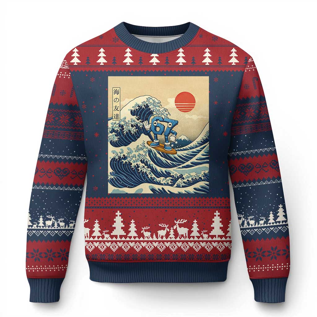 Funny Six Seven Surfing Ugly Christmas Sweater The Great Wave Kanagawa Japanese 67 Brainrot Meme