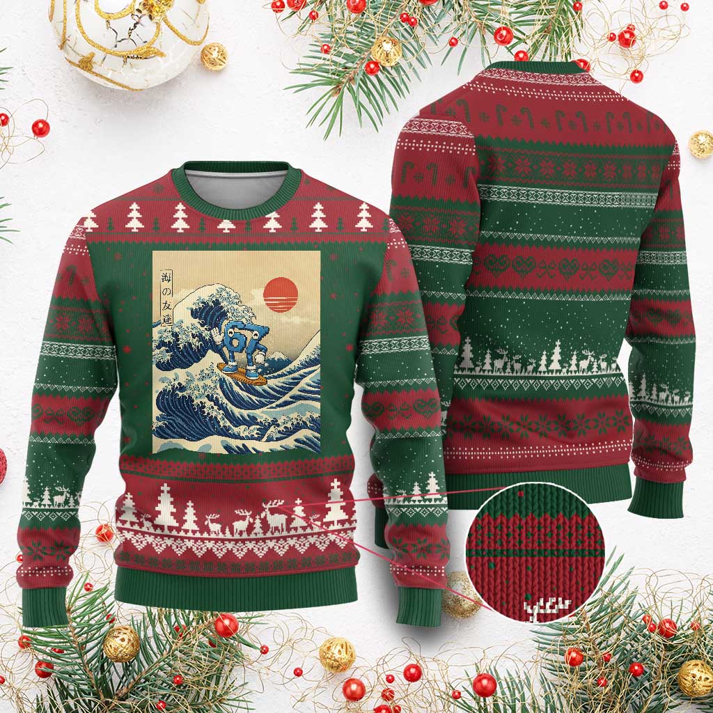 Funny Six Seven Surfing Ugly Christmas Sweater The Great Wave Kanagawa Japanese 67 Brainrot Meme