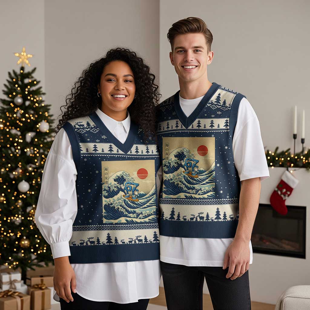 Funny Six Seven Surfing V-Neck Knit Sweater Vest The Great Wave Kanagawa Japanese 67 Brainrot Meme