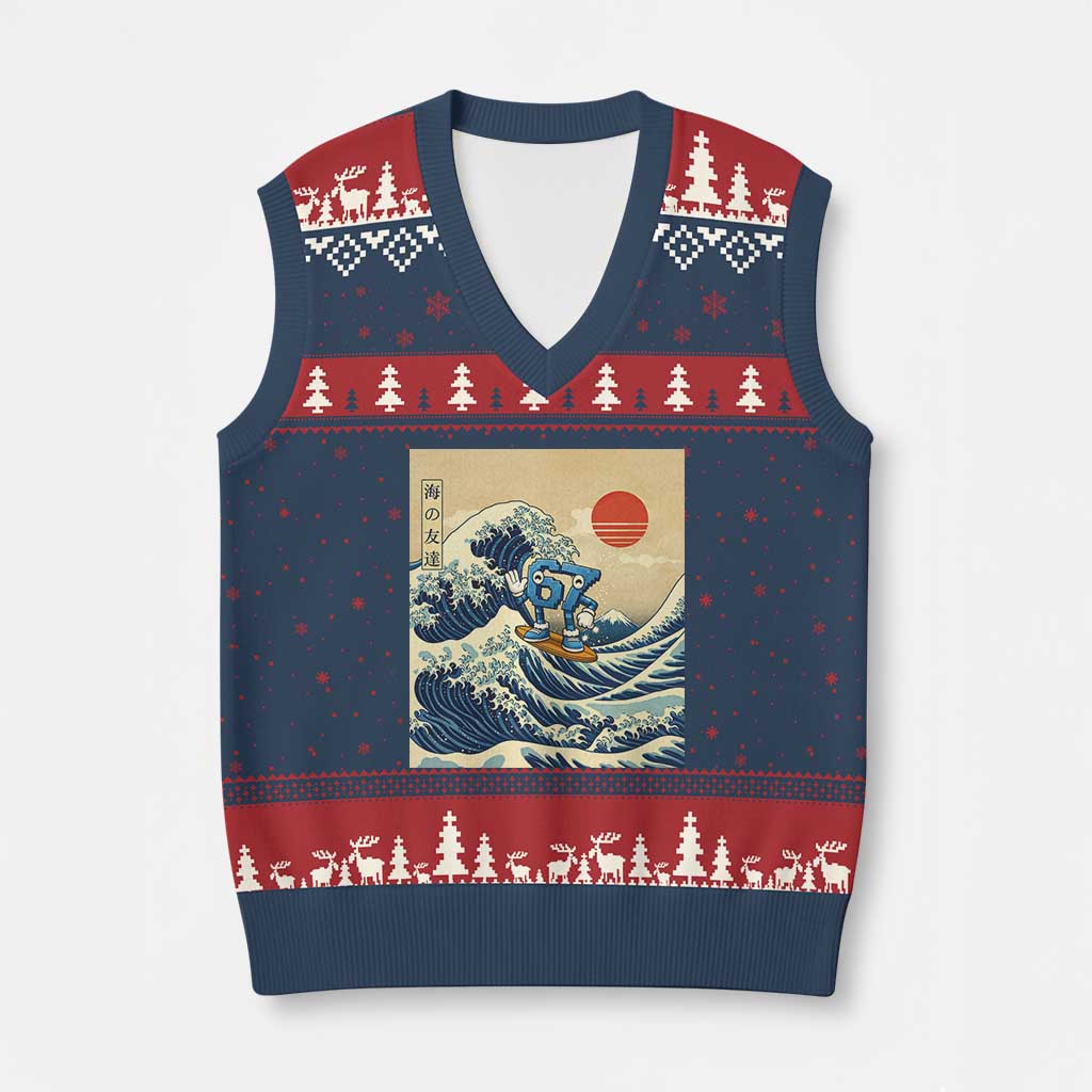 Funny Six Seven Surfing V-Neck Knit Sweater Vest The Great Wave Kanagawa Japanese 67 Brainrot Meme