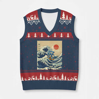Funny Six Seven Surfing V-Neck Knit Sweater Vest The Great Wave Kanagawa Japanese 67 Brainrot Meme