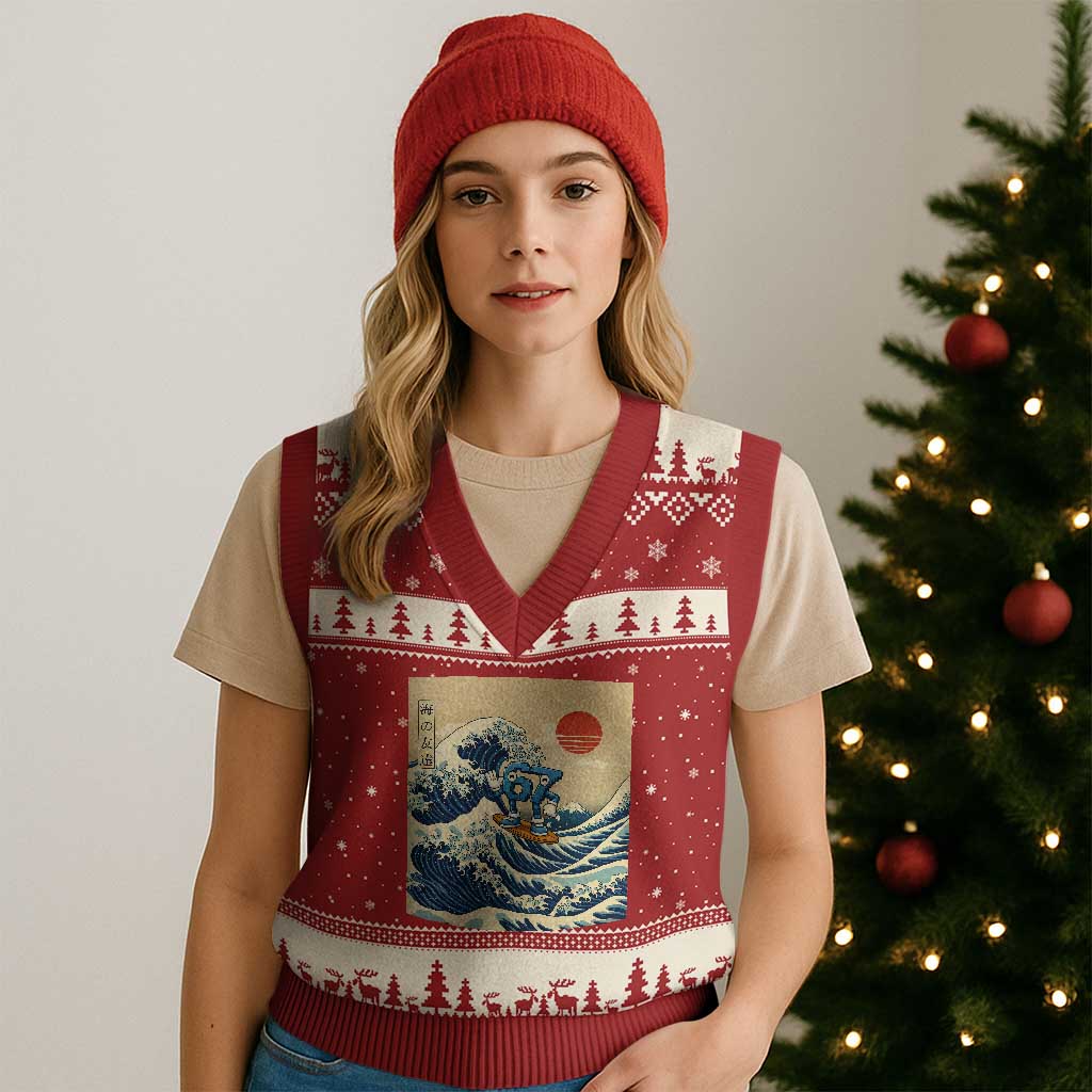 Funny Six Seven Surfing V-Neck Knit Sweater Vest The Great Wave Kanagawa Japanese 67 Brainrot Meme