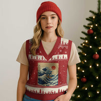 Funny Six Seven Surfing V-Neck Knit Sweater Vest The Great Wave Kanagawa Japanese 67 Brainrot Meme