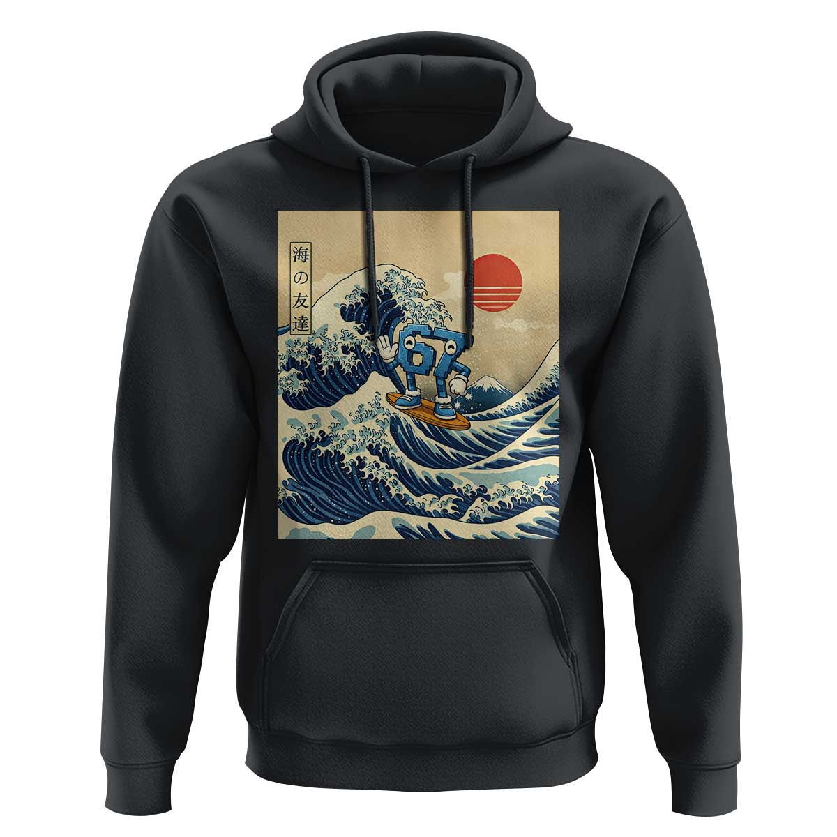 Funny Six Seven Surfing Hoodie The Great Wave Kanagawa Japanese 67 Brainrot Meme