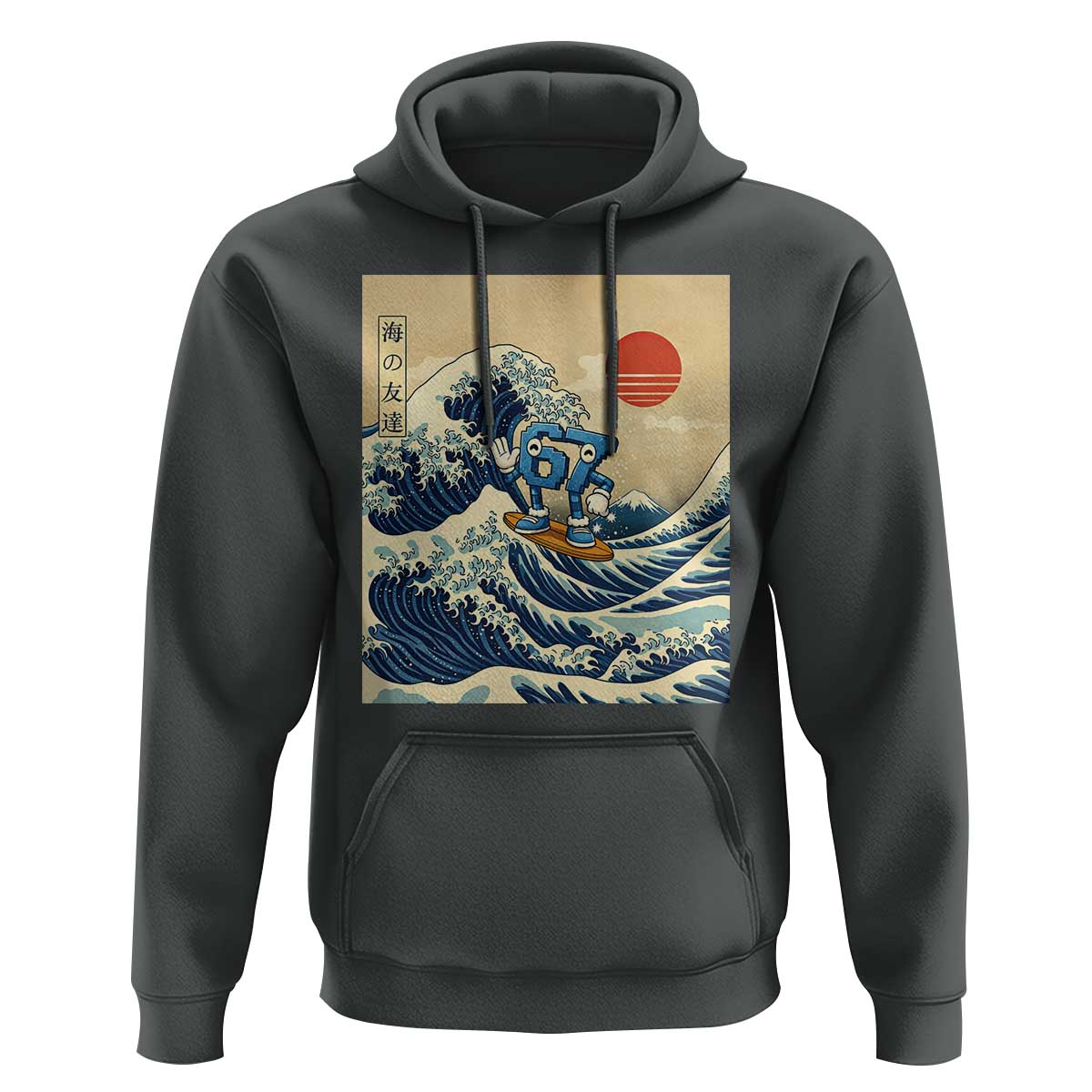Funny Six Seven Surfing Hoodie The Great Wave Kanagawa Japanese 67 Brainrot Meme