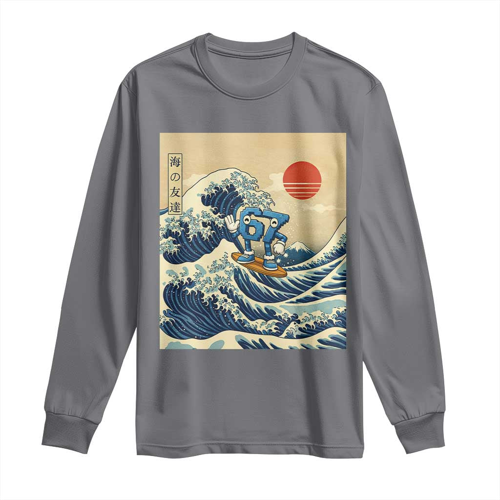 Funny Six Seven Surfing Long Sleeve Shirt The Great Wave Kanagawa Japanese 67 Brainrot Meme