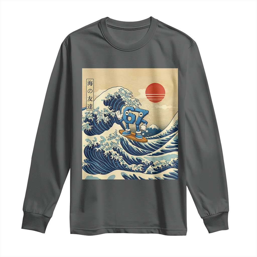 Funny Six Seven Surfing Long Sleeve Shirt The Great Wave Kanagawa Japanese 67 Brainrot Meme