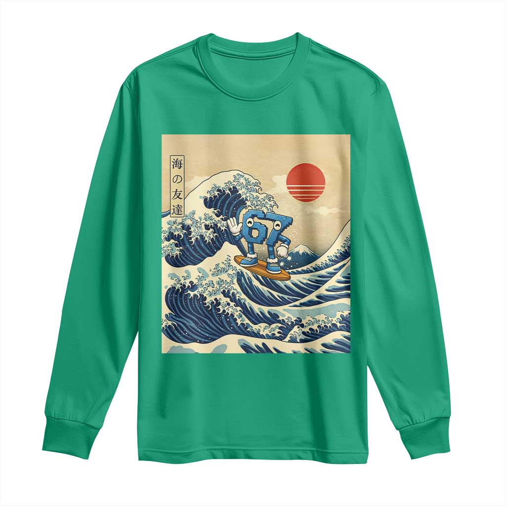 Funny Six Seven Surfing Long Sleeve Shirt The Great Wave Kanagawa Japanese 67 Brainrot Meme