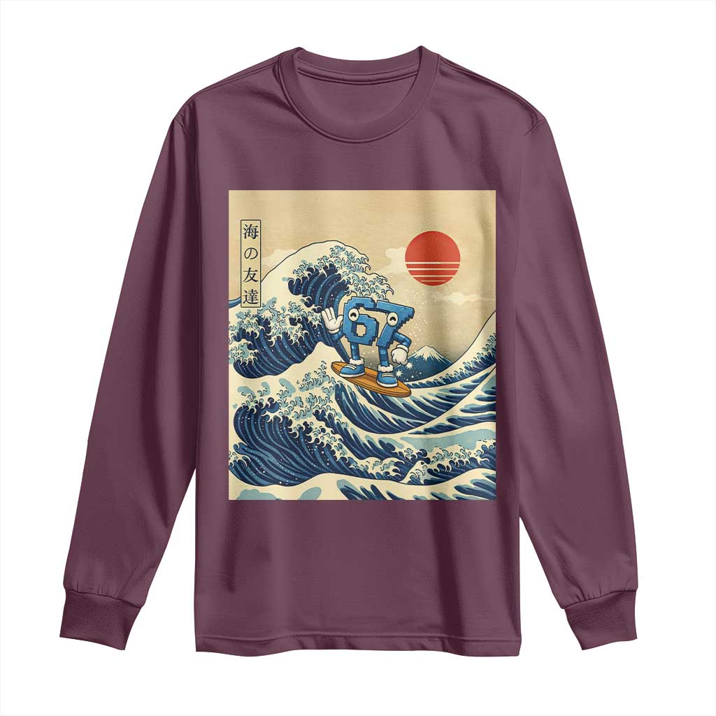 Funny Six Seven Surfing Long Sleeve Shirt The Great Wave Kanagawa Japanese 67 Brainrot Meme