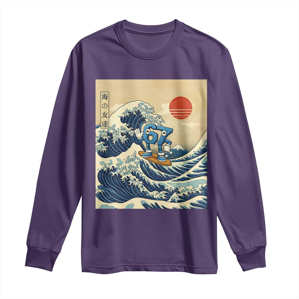 Funny Six Seven Surfing Long Sleeve Shirt The Great Wave Kanagawa Japanese 67 Brainrot Meme