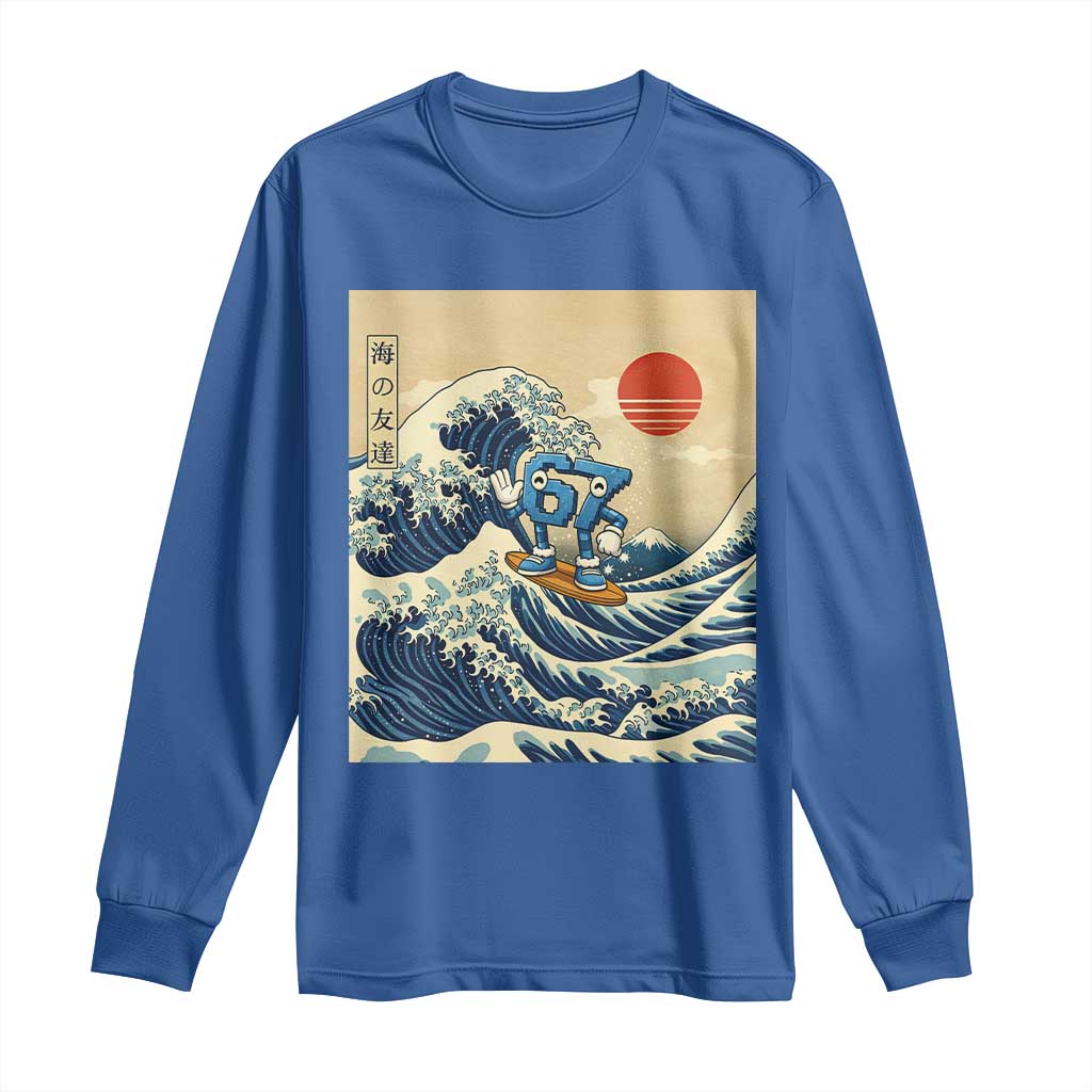 Funny Six Seven Surfing Long Sleeve Shirt The Great Wave Kanagawa Japanese 67 Brainrot Meme