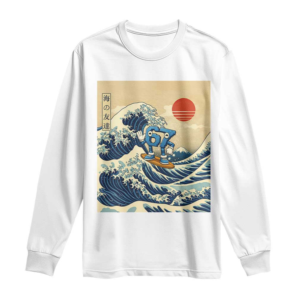 Funny Six Seven Surfing Long Sleeve Shirt The Great Wave Kanagawa Japanese 67 Brainrot Meme