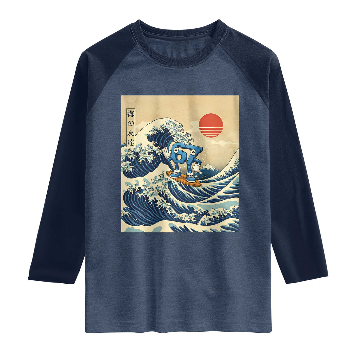 Funny Six Seven Surfing Raglan Shirt The Great Wave Kanagawa Japanese 67 Brainrot Meme